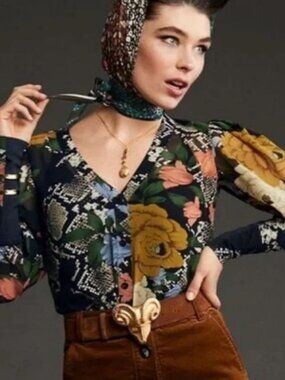 Cabi #3762 Snake Charmer Semi-Sheer Long Sleeve Blouse Floral, Size M